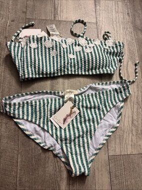 Striped Green & White Lace-Trim Bikini Set